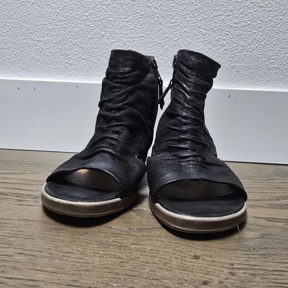 Miz Mooz Becca Encaged Open Toe Bootie Leather Sandal Wedge in Distressed Black